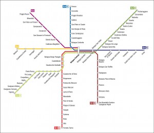 Mapa de las líneas de ferrocarril metropolitano en Bolonia